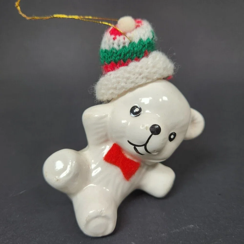Vintage Ceramic Polar Bear Ornaments Hanging Lot X 3 Taiwan Knit Caps